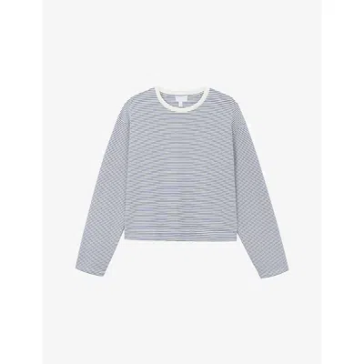 The White Company S White/navy Stripe-print Oversized Stretch Cotton-jersey Top Xs In Blue