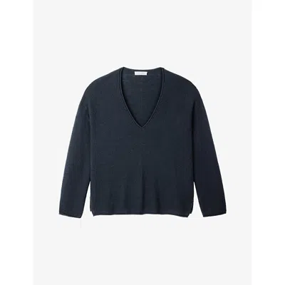 The White Company S  Textured-stitch V-neck Wool And Cashmere-blend Jumper In Blue