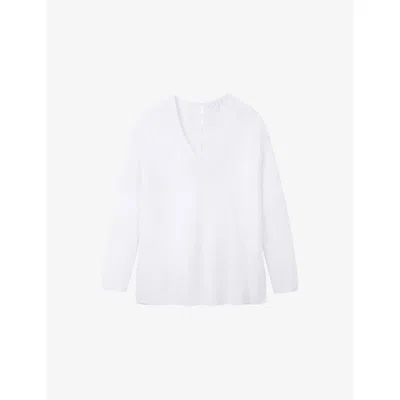 The White Company S V-neck Button-down Textured Cotton Jumper Porcelain In White