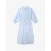 The White Company S White/blue Belted-waist Stripe-print Linen Shirt Midi Dress In Blue