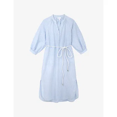 The White Company S White/blue Belted-waist Stripe-print Linen Shirt Midi Dress