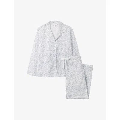 The White Company S White/blue Flower Bud-print Relaxed-fit Cotton Pyjama Set In Silver