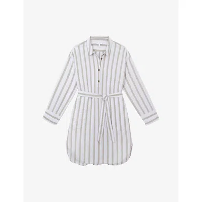 The White Company S Whtenaturl Stripe-print Belted Linen Knee-length Shirt Dress In Gray