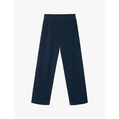 The White Company Towelling Straight-leg High-rise Organic-cotton Trousers In Navy