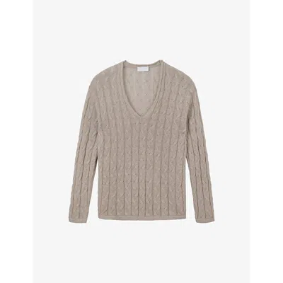 The White Company Womens Taupe V-neck Cable-knit Linen Jumper