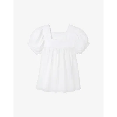 The White Company Womens White Flower-embroidered Square-neck Organic-cotton Top