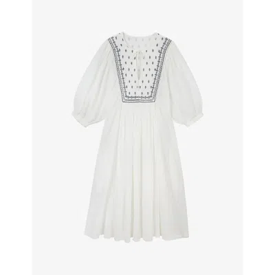 The White Company Womens Whiteblack Tie-neck Embroidered Organic-cotton Midi Dress