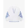 THE WHITE COMPANY THE WHITE COMPANY WOMENS WHITE/BLUE EMBROIDERED V-NECK ORGANIC-COTTON BLOUSE
