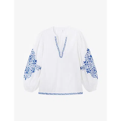 The White Company Embroidered V-neck Organic-cotton Blouse In White/blue