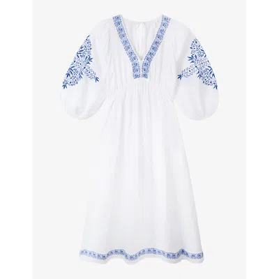 The White Company Flower-embroidered V-neck Organic-cotton Maxi Dress In White/blue