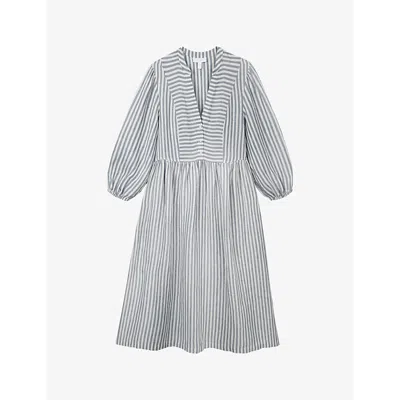 The White Company Striped V-neck Linen Midi Dress In White/blue | ModeSens
