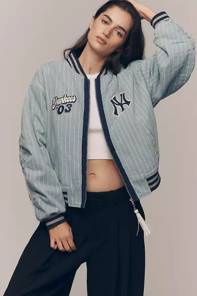 The Wild Collective Denim Varsity Bomber Jacket In Blue