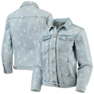 The Wild Collective New York Yankees Allover Print Button-up Denim Jacket In Blue