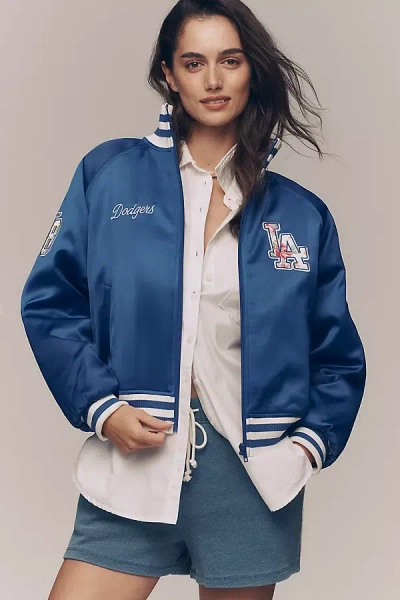 The Wild Collective Satin Varsity Bomber Jacket In Blue