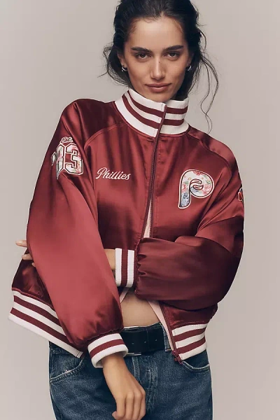 The Wild Collective Satin Varsity Bomber Jacket In Red
