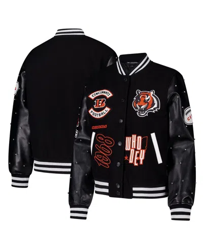 The Wild Collective Women's Black Cincinnati Bengals Varsity Full-snap Sparkle Jacket