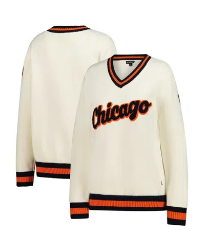 The Wild Collective Women's Cream Chicago Bears Jacquard V-neck Sweater In White