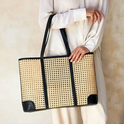 The Winding Road Cane Weave Tote Oversized Leather Trim Bag In Black