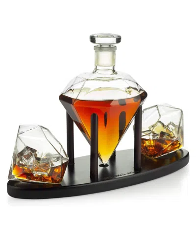 The Wine Savant Diamond Whiskey Decanter With Diamond Whiskey Glasses, Set Of 3 In Clear