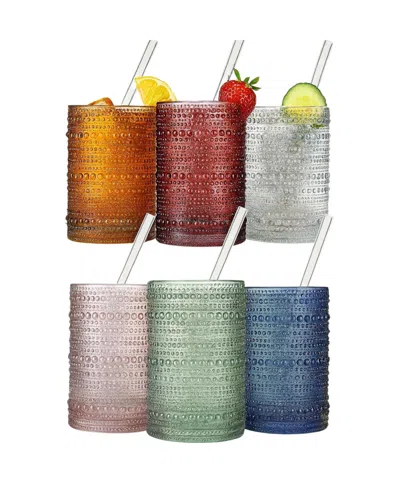 The Wine Savant Muted Hobnail Highball Glasses With Straws, Set Of 6 In Multi