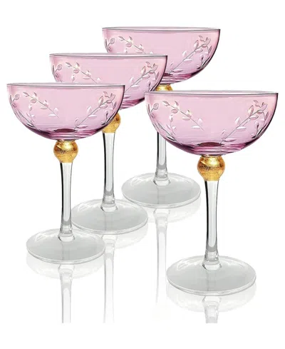 The Wine Savant Pallo Tinted Glass Crystal Champagne Saucer, 9 oz Set Of 4 In Pink,gold