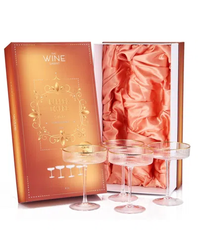 The Wine Savant Ribbed Art Deco Gilded Crystal Coupe Glasses, Set Of 4 In Clear,gold