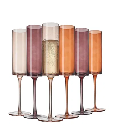 The Wine Savant Venus Amber Ribbed Champagne Flute Glasses, Set Of 6 In Multi