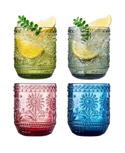 The Wine Savant Vintage Embossed Floral Tumbler Drinking Glasses, Set Of 4 In Multicolor