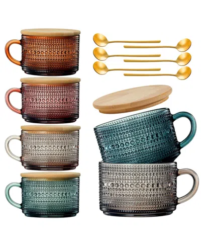 The Wine Savant Vintage Glass Coffee Mugs With Handles, Spoons Lid, Set Of 6 In Multicolor