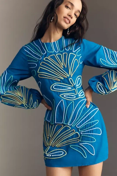 The Wolf Gang Luna Long-sleeve Embroidered Linen Mini Dress In Blue