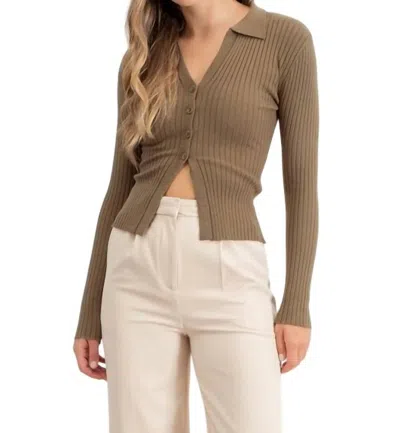 The Workshop Collared Button Front Long Sleeve Sweater In Olive In Green