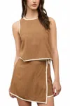 The Workshop Savannah Contrast Trim Sleeveless Linen Top & Skort Set In Toffee In Brown
