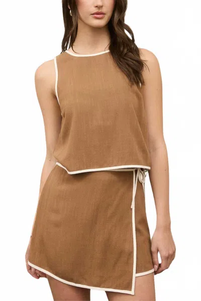The Workshop Savannah Contrast Trim Sleeveless Linen Top & Skort Set In Toffee In Brown