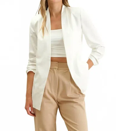 The Workshop Studio Collarless Quarter Ruched Sleeve Longline Blazer In White