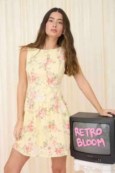 The Workshop Studio Floral Boat Neck Sleeveless Button Down Mini Dress In Butter Yellow Multi