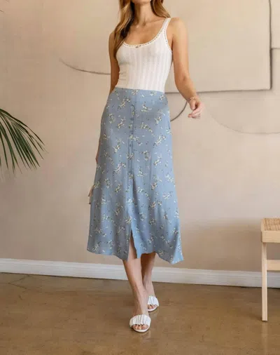 The Workshop Studio Floral Button Down Midi Skirt In Dusty Blue In Multi