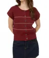 The Workshop Studio Stripe Button Down Short Sleeve Knit Cardigan In Burgundy In Red