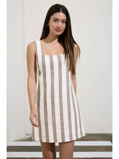 The Workshop Studio Stripe Square Neck Sleeveless Linen Mini Dress In Brown In Beige