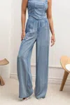 The Workshop Washed Pleated High Waist Wide Leg Chambray Pants In Blue