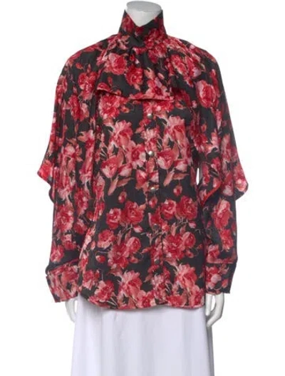 Pre-owned Thebe Magugu Floral Print Mock Neck Blouse In Red