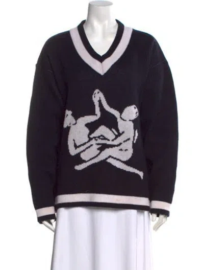 Pre-owned Thebe Magugu Graphic Print V-neck Sweater In Black