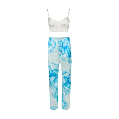Thegtfashion Blue / White A La Mode White Bustier With Blue Marble Pants In Multi