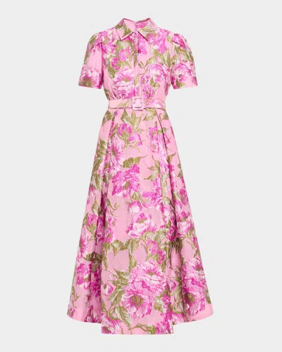 Theia Abba Belted Floral Jacquard Shirt Gown In Pink
