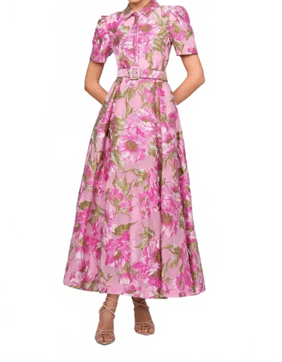 Theia Abba Jacquard Midi Dress In Opera Mauve Meadow Green In Pink