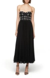 Theia Alesia Strapless Embellished Corset Midi Dress In Black