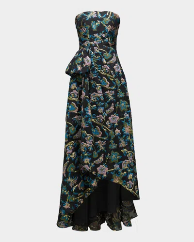 Theia Alice High-low Strapless Floral Jacquard Gown In Black/sapphire
