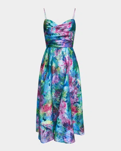 Theia Allegra Metallic Fil Coupe Midi Dress In Aquatic Blooms