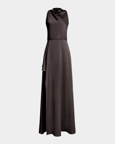 Theia Amara Draped Cowl-neck Satin Gown In Black