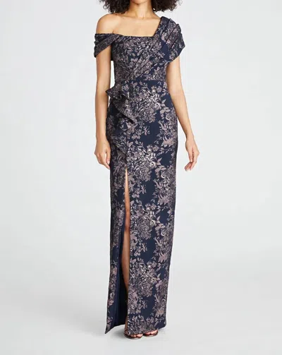 Theia Amaris Jacquard Column Gown In Nautical Navy/ Rose Gold In Blue