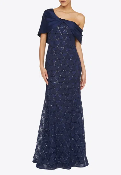 Theia Anabella Textured Tulle One-shoulder Gown In Blue